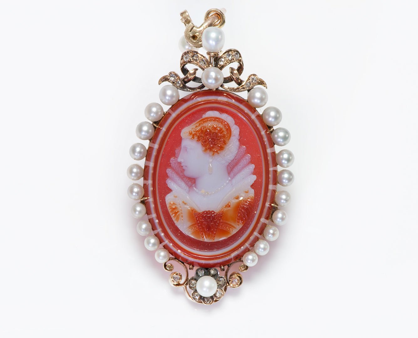Antique Diamond Pearl Gold Cameo Pendant