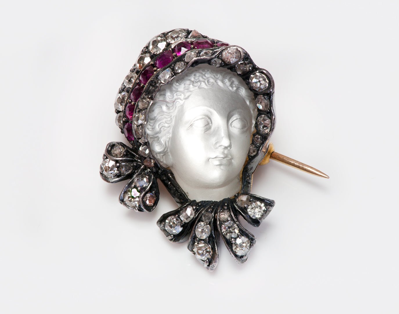 Antique Diamond Ruby Silver & Gold Carved Moonstone Lady Bow & Bonnet