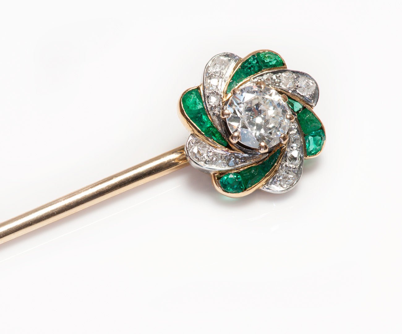 Antique Edwardian Calibre Cut Emerald Diamond Stick Pin