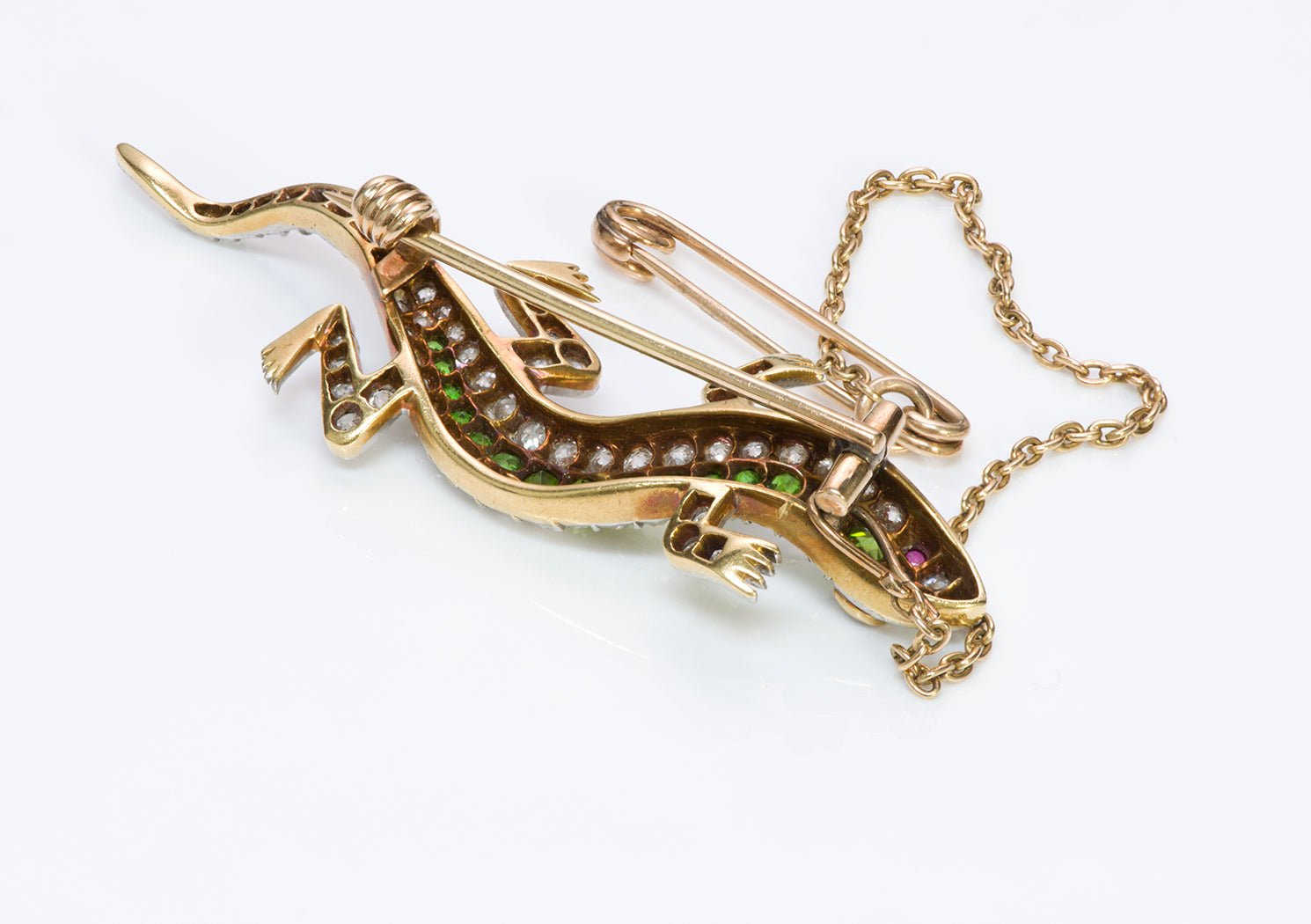 Antique Edwardian Diamond Demantoid Ruby Gold Lizard Brooch