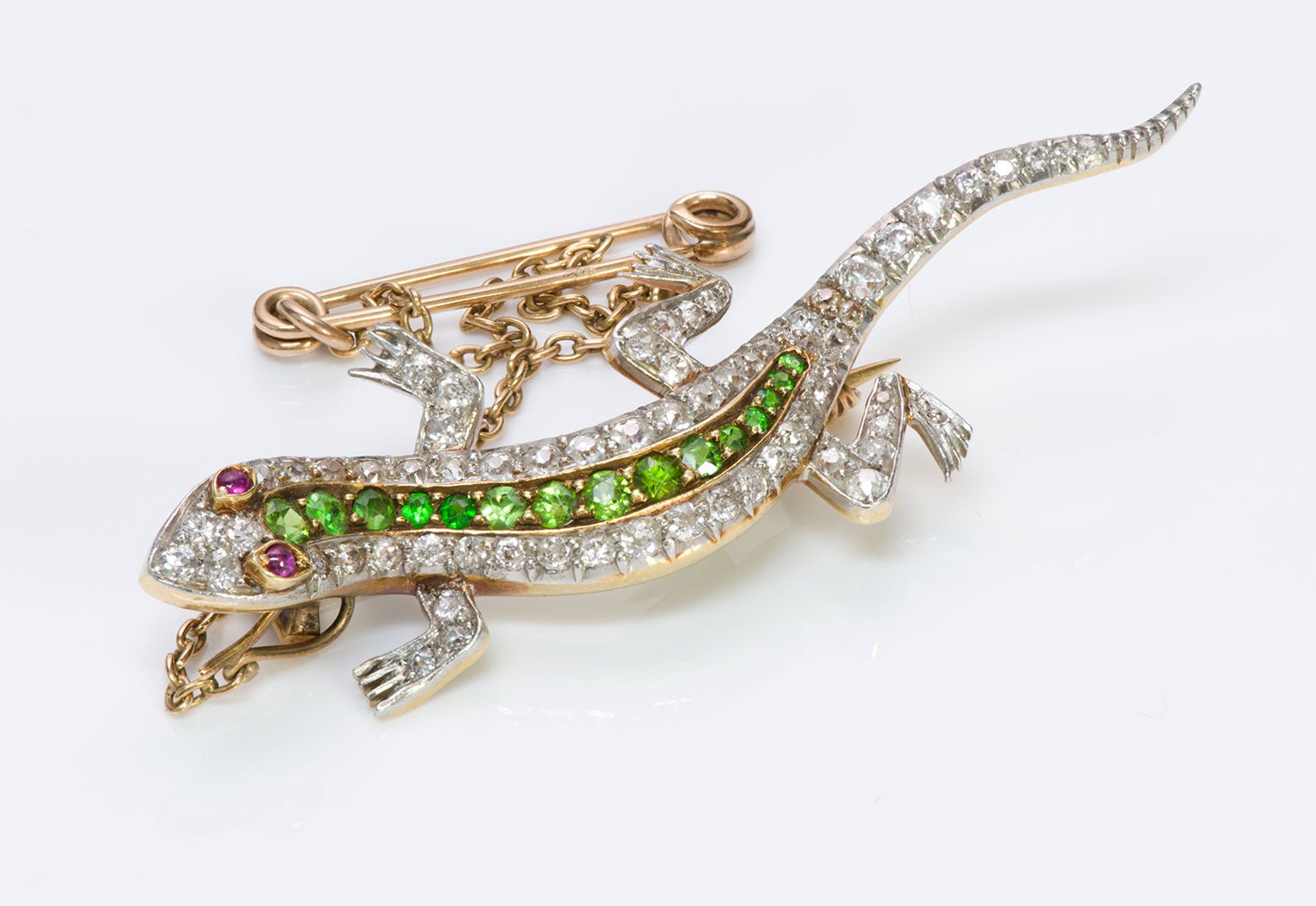 Antique Edwardian Diamond Demantoid Ruby Gold Lizard Brooch