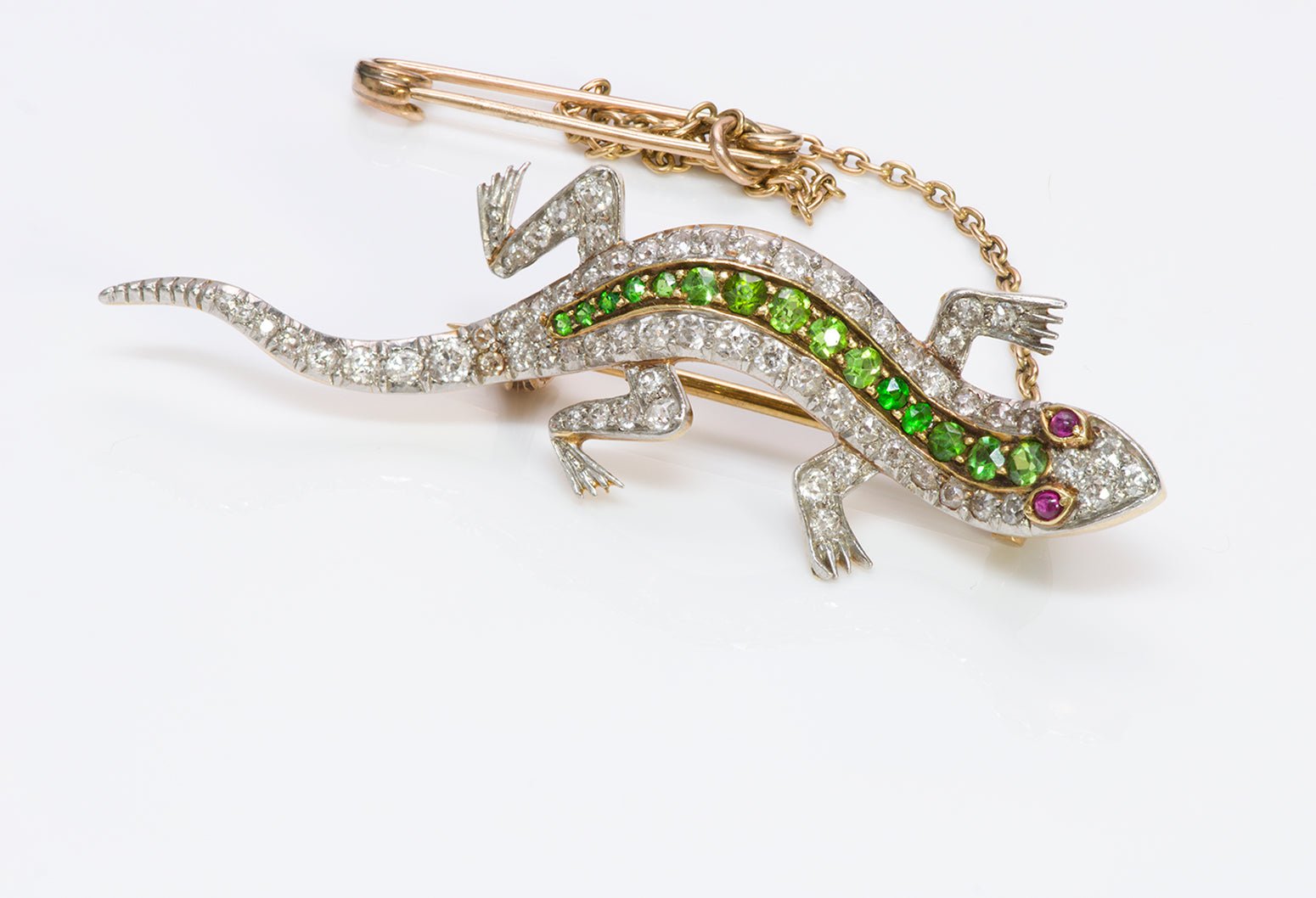 Antique Edwardian Diamond Demantoid Ruby Gold Lizard Brooch