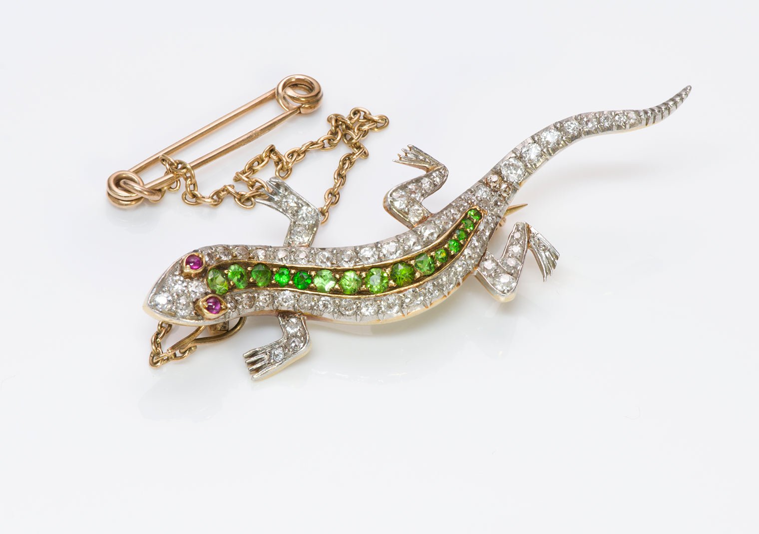 Antique Edwardian Diamond Demantoid Ruby Gold Lizard Brooch