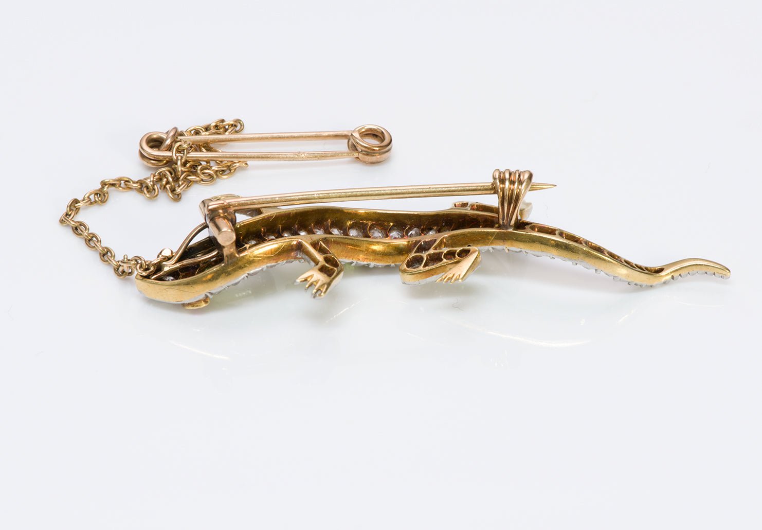 Antique Edwardian Diamond Demantoid Ruby Gold Lizard Brooch