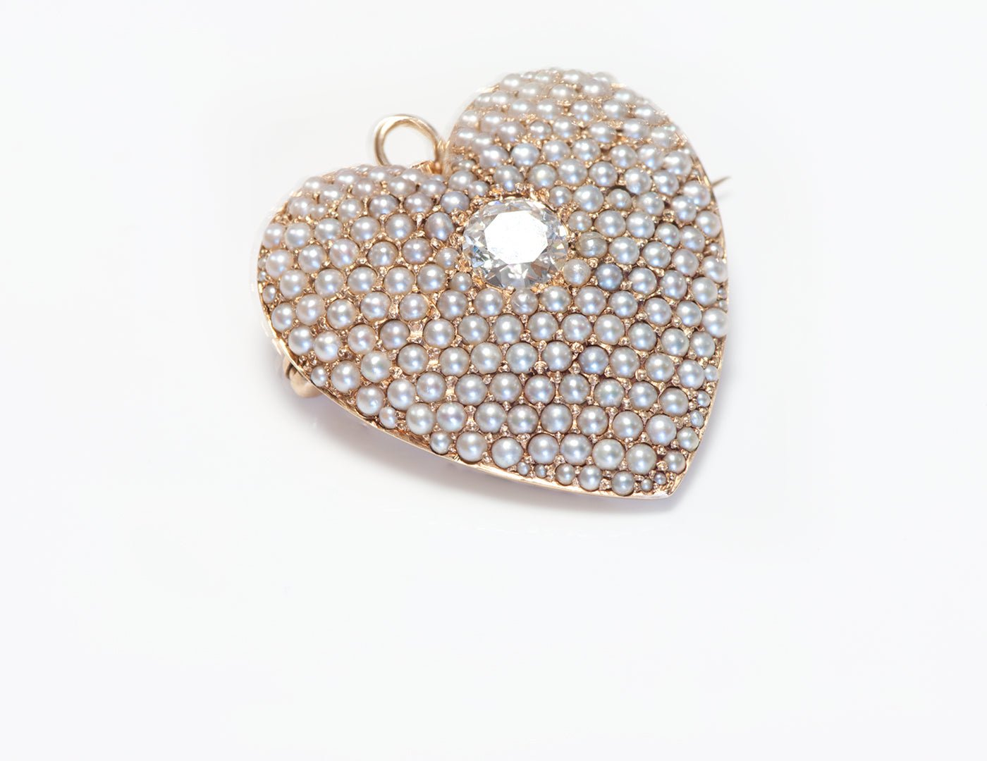 Antique Edwardian Gold Diamond Seed Pearl Heart Pendant Brooch