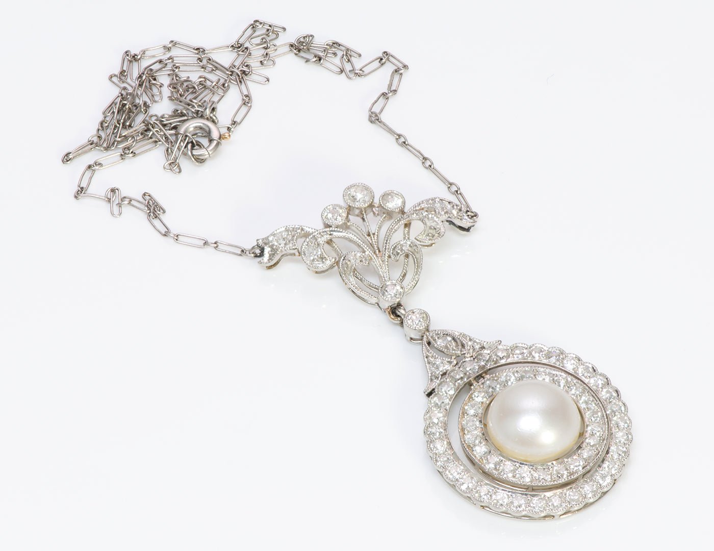 Antique Edwardian Platinum Diamond Pearl Pendant