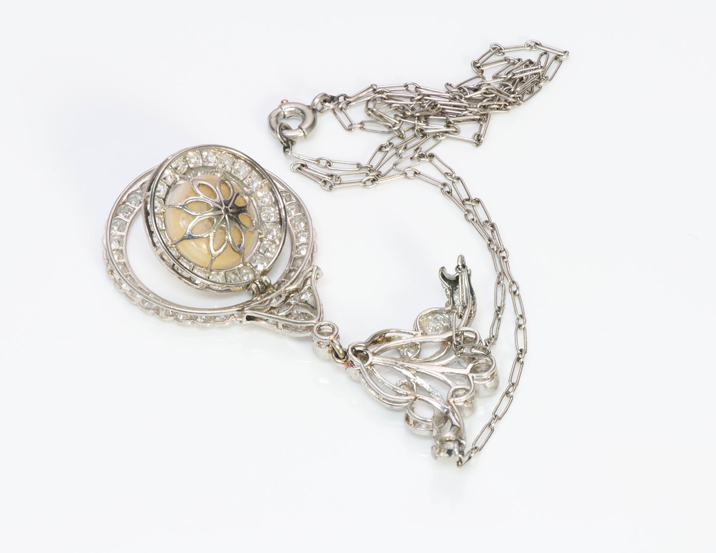Antique Edwardian Platinum Diamond Pearl Pendant