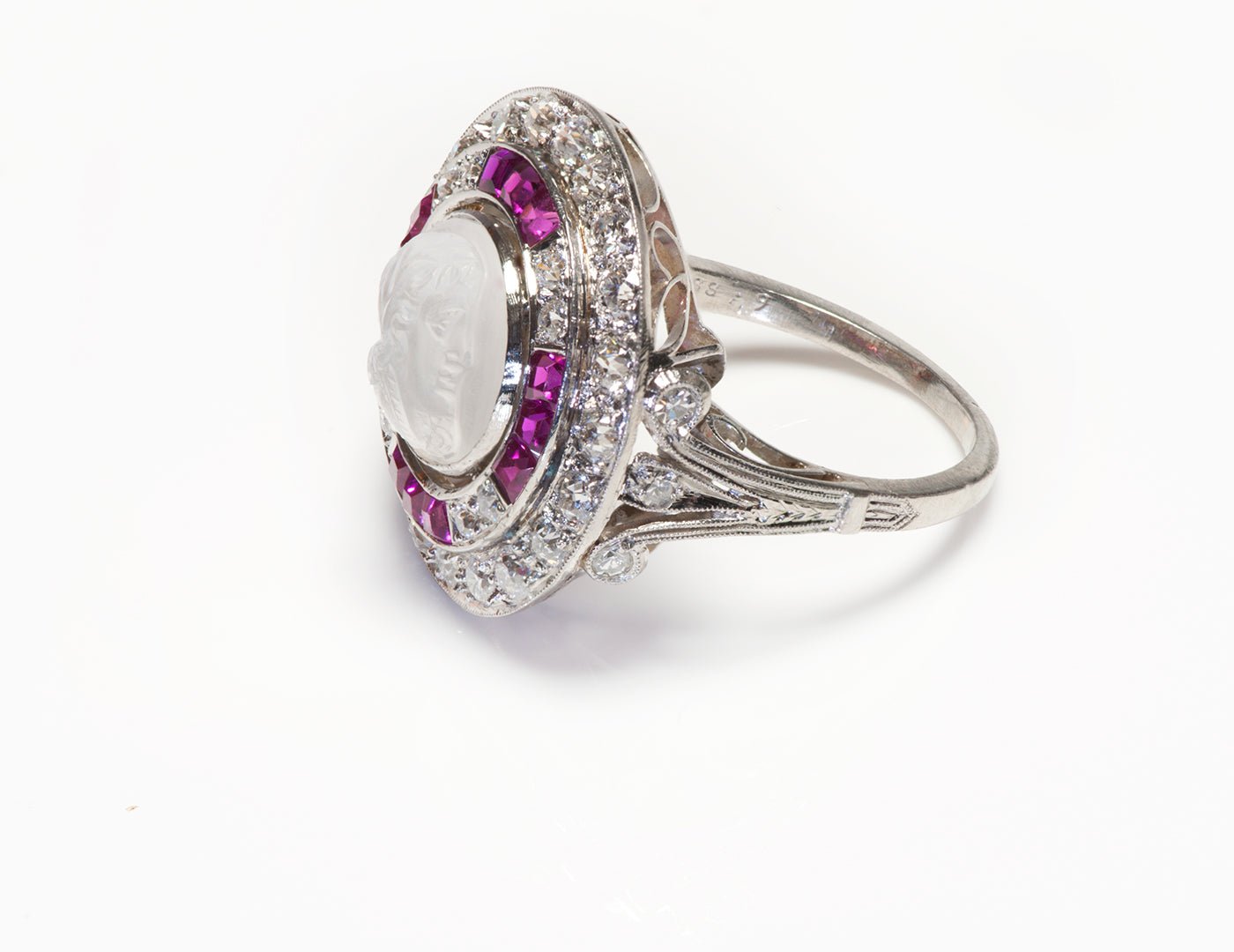 Antique Edwardian Platinum Moonstone Cameo Diamond Ruby Ring