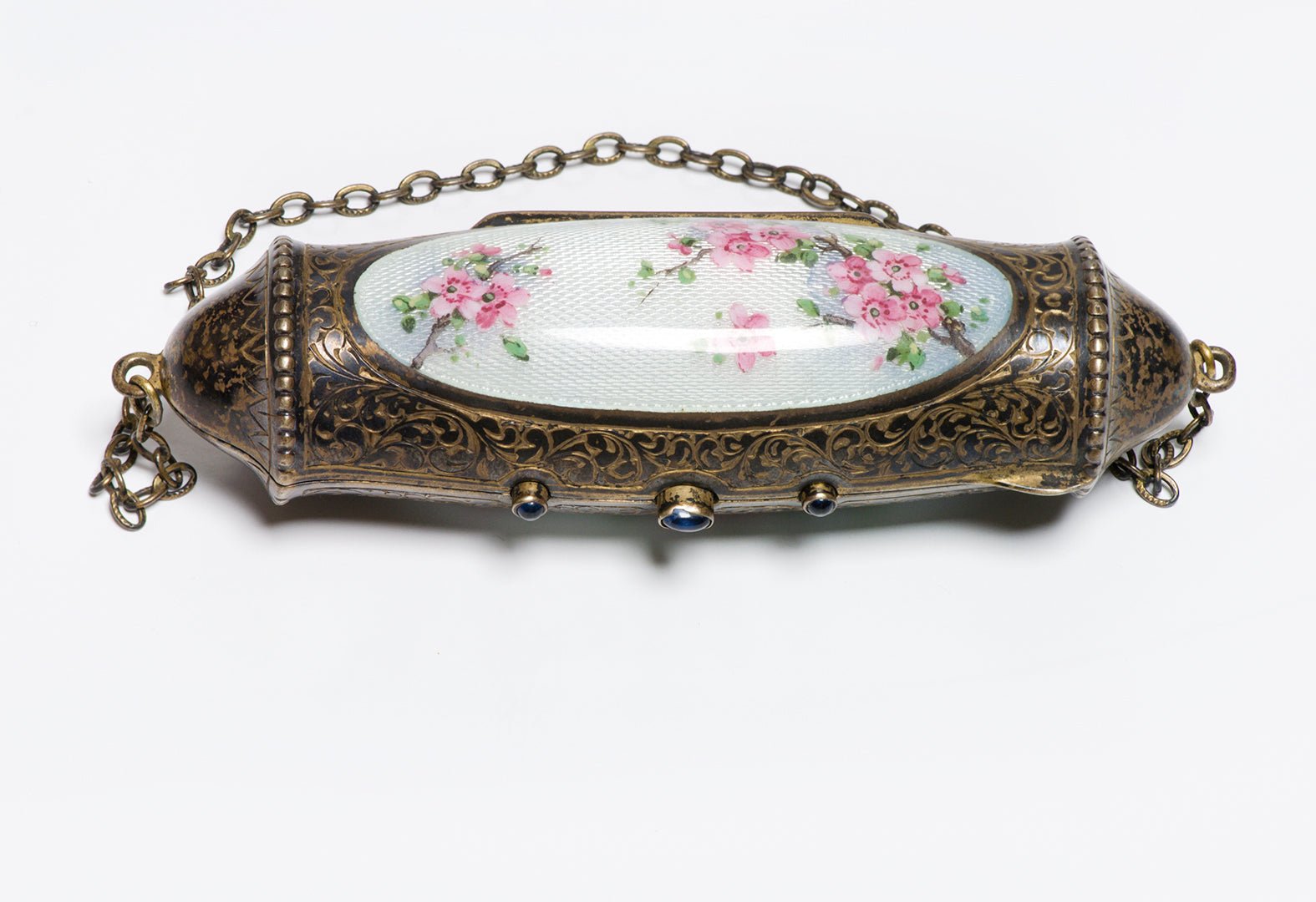 Antique Edwardian Silver Enamel & Sapphire Unusual Shape Minaudiere