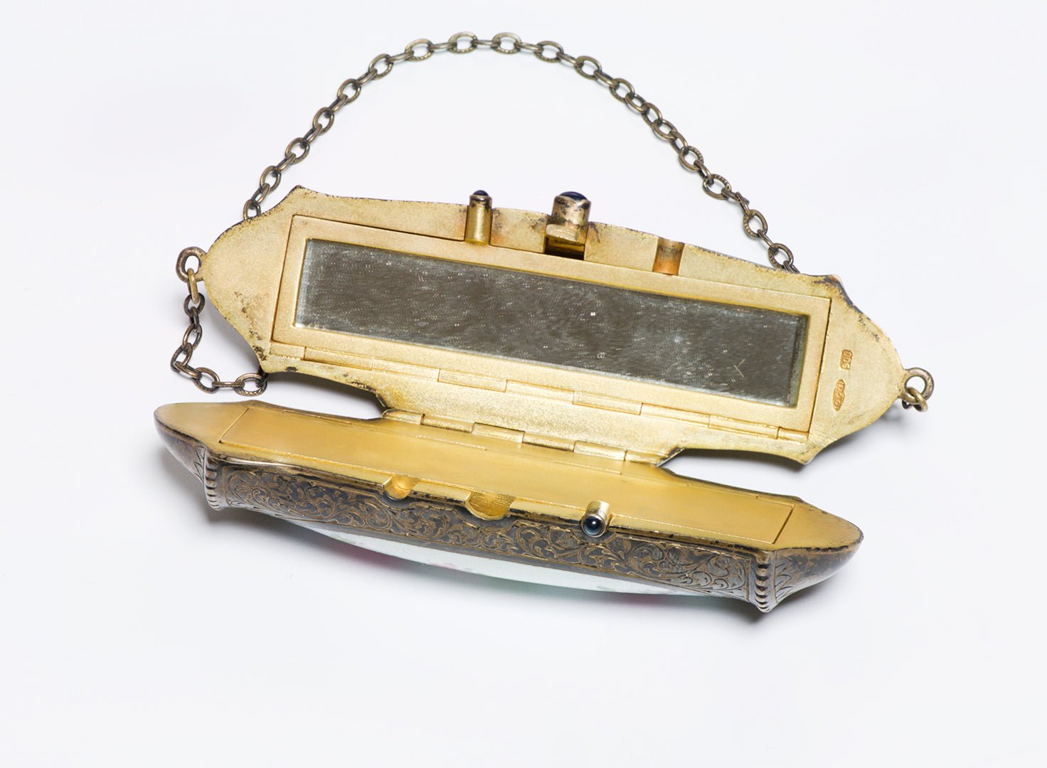 Antique Edwardian Silver Enamel & Sapphire Unusual Shape Minaudiere