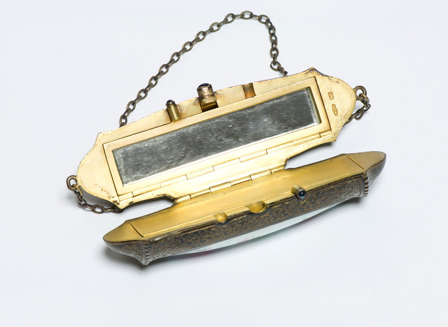 Antique Edwardian Silver Enamel & Sapphire Unusual Shape Minaudiere