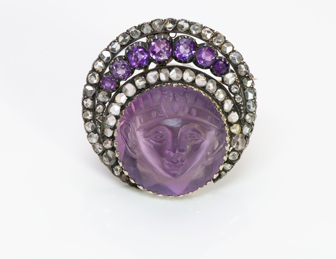 Antique Egyptian Revival Carved Amethyst Diamond Pendant Brooch