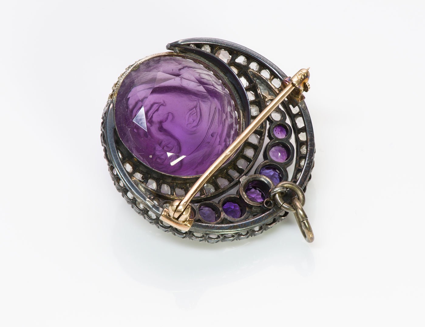 Antique Egyptian Revival Carved Amethyst Diamond Pendant Brooch