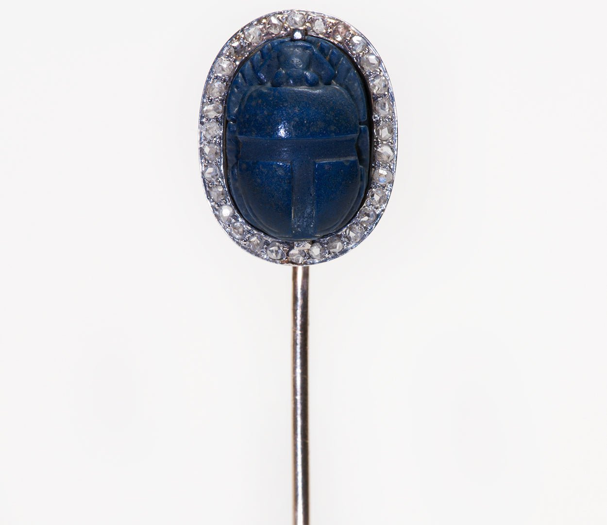 Antique Egyptian Revival Carved Scarab Lapis Diamond Gold Stick Pin