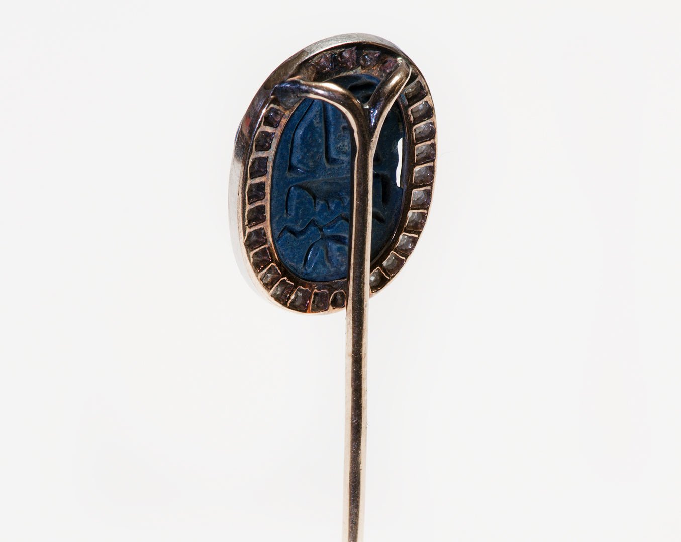 Antique Egyptian Revival Carved Scarab Lapis Diamond Gold Stick Pin