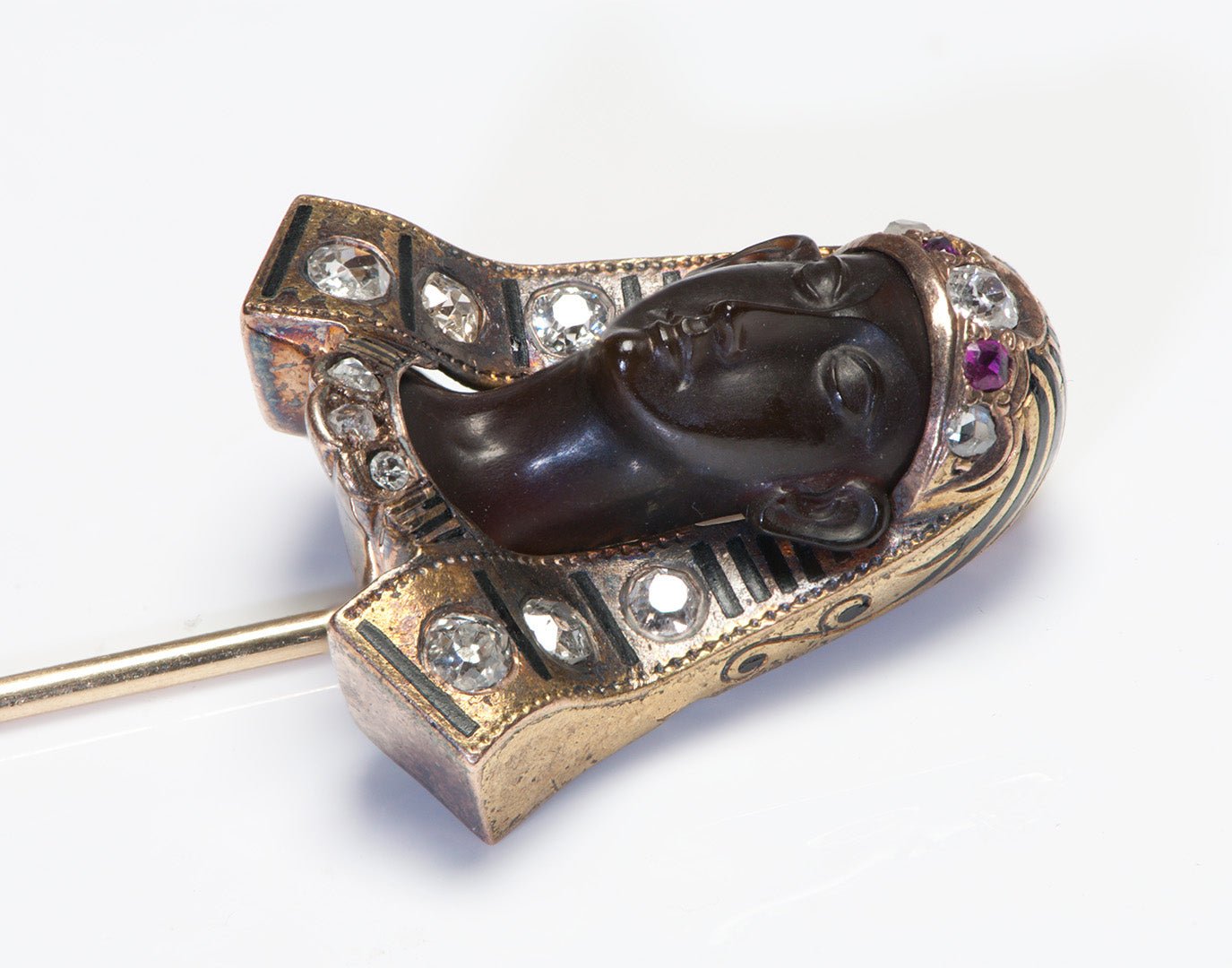 Antique Egyptian Revival Diamond Ruby Sardonyx Gold Pharaoh Stick Pin