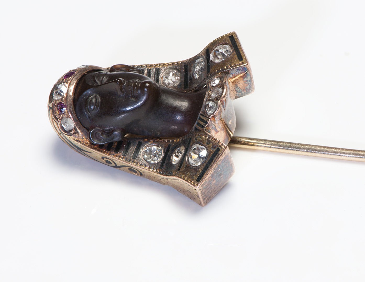 Antique Egyptian Revival Diamond Ruby Sardonyx Gold Pharaoh Stick Pin