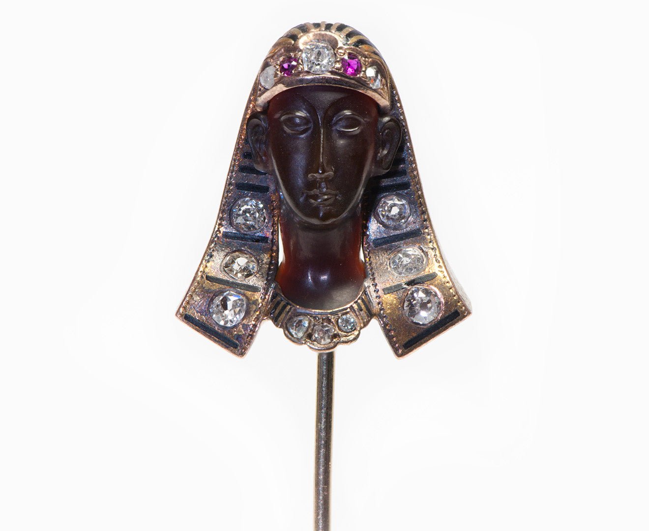Antique Egyptian Revival Diamond Ruby Sardonyx Gold Pharaoh Stick Pin