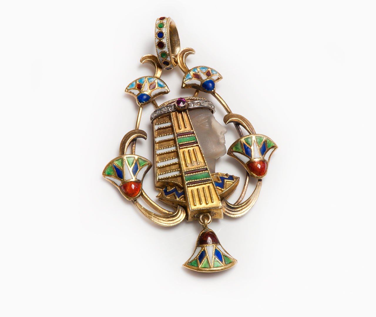 Antique Egyptian Revival Gold Enamel Stone Pendant