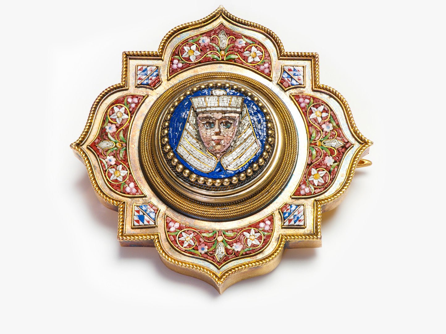 Antique Egyptian Revival Gold Mosaic Pharaoh Brooch Locket