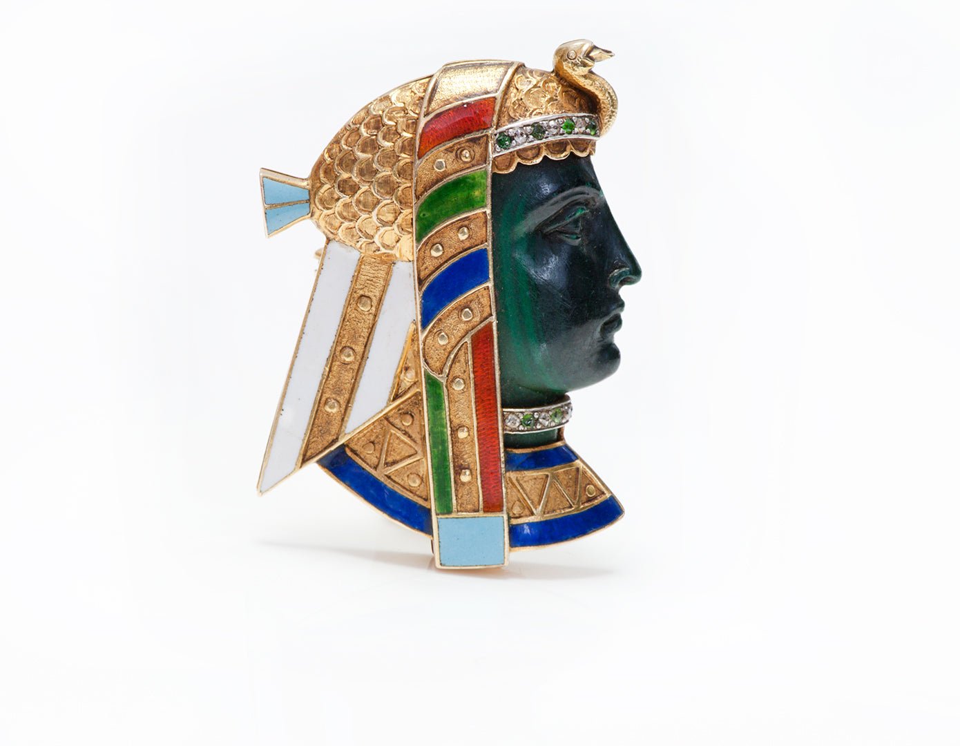 Antique Egyptian Revival Pharaoh Gold Enamel Diamond Demantoid Carved Malachite Pendant Brooch