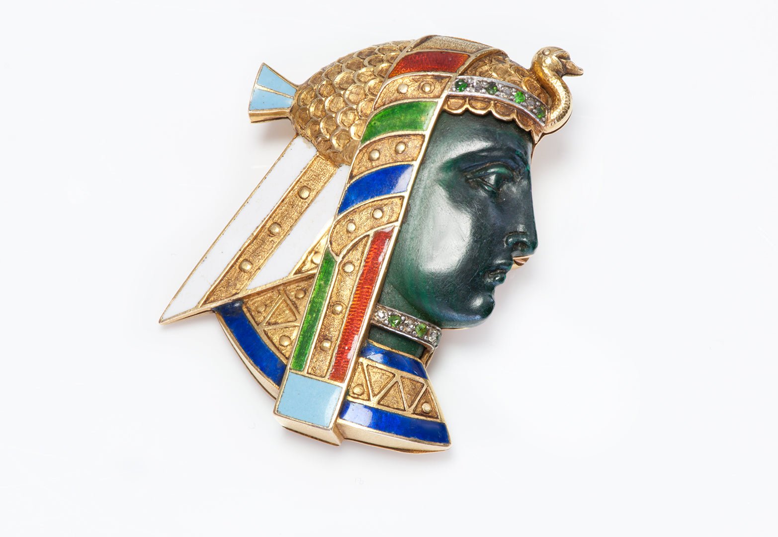 Antique Egyptian Revival Pharaoh Gold Enamel Diamond Demantoid Carved Malachite Pendant Brooch