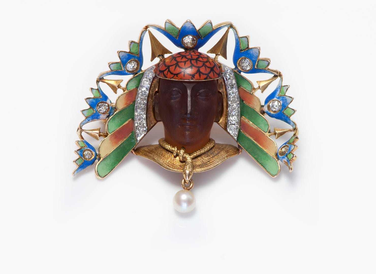 Antique Egyptian Revival Pharaoh Gold Enamel Diamond Pearl Snake Brooch