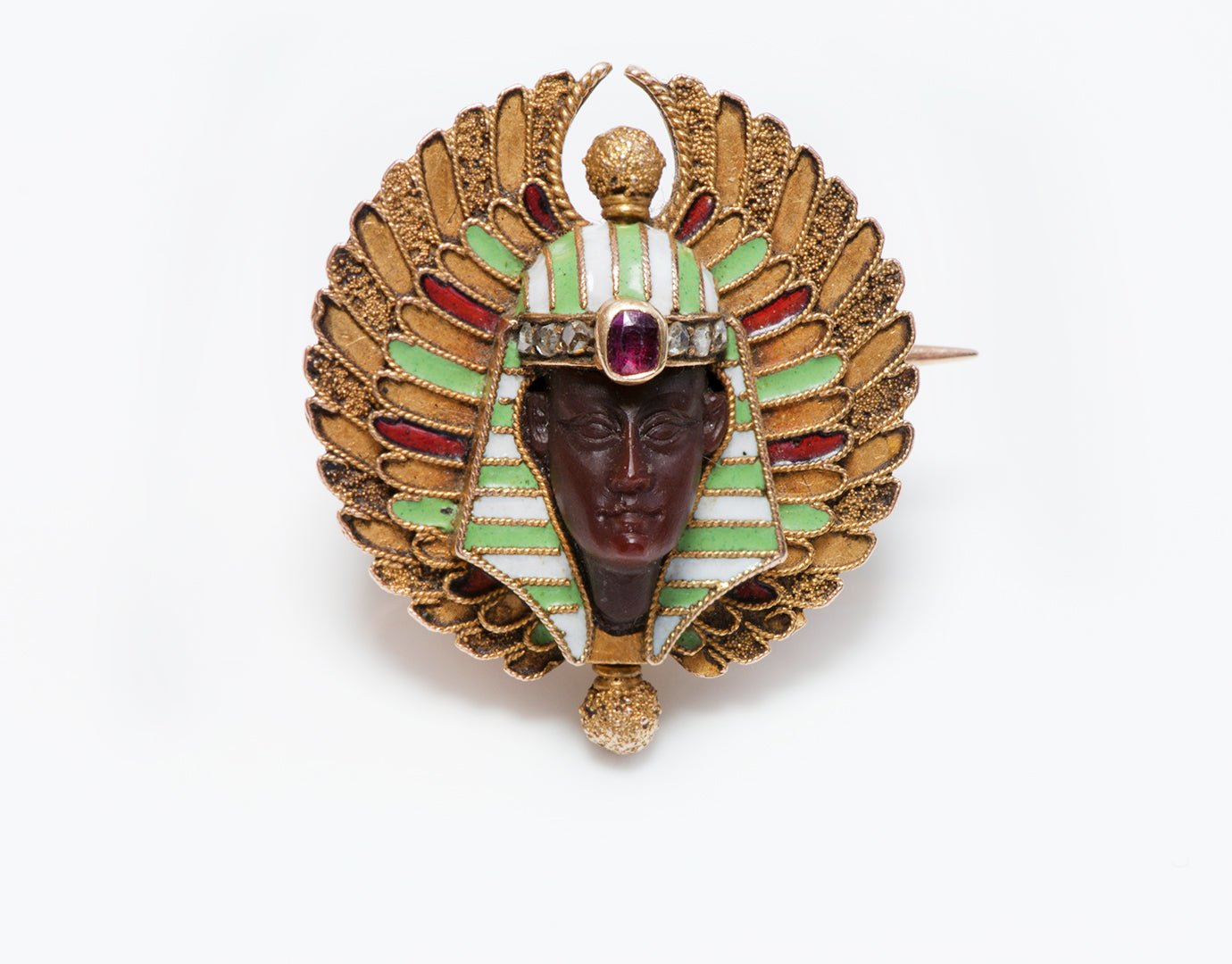 Antique Egyptian Revival Pharaoh Gold Enamel Diamond & Ruby Brooch