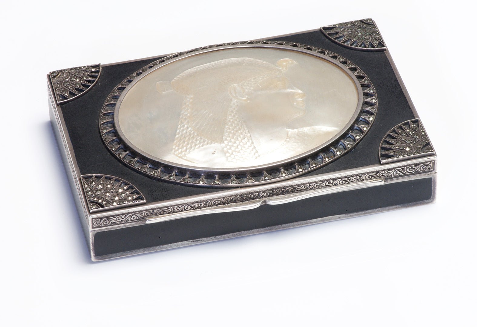 Antique Egyptian Revival Silver Matte Enamel Marcasite Case