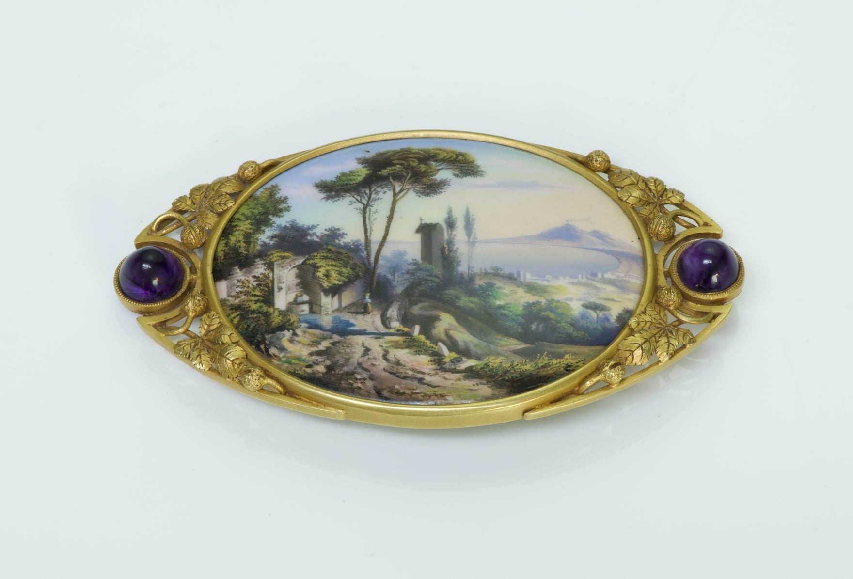 Antique Enamel 18K Gold Amethyst Brooch