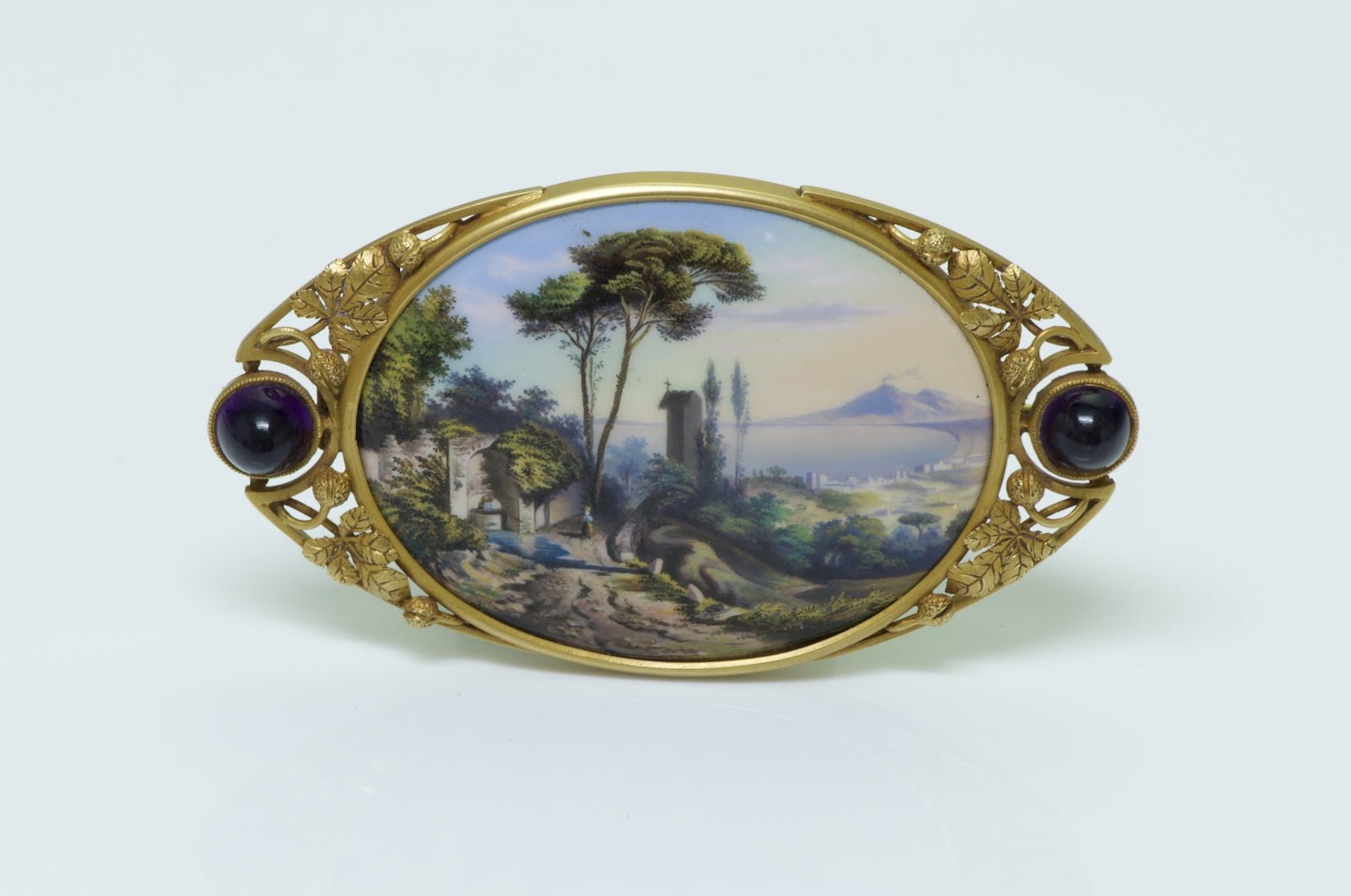 Antique Enamel 18K Gold Amethyst Brooch