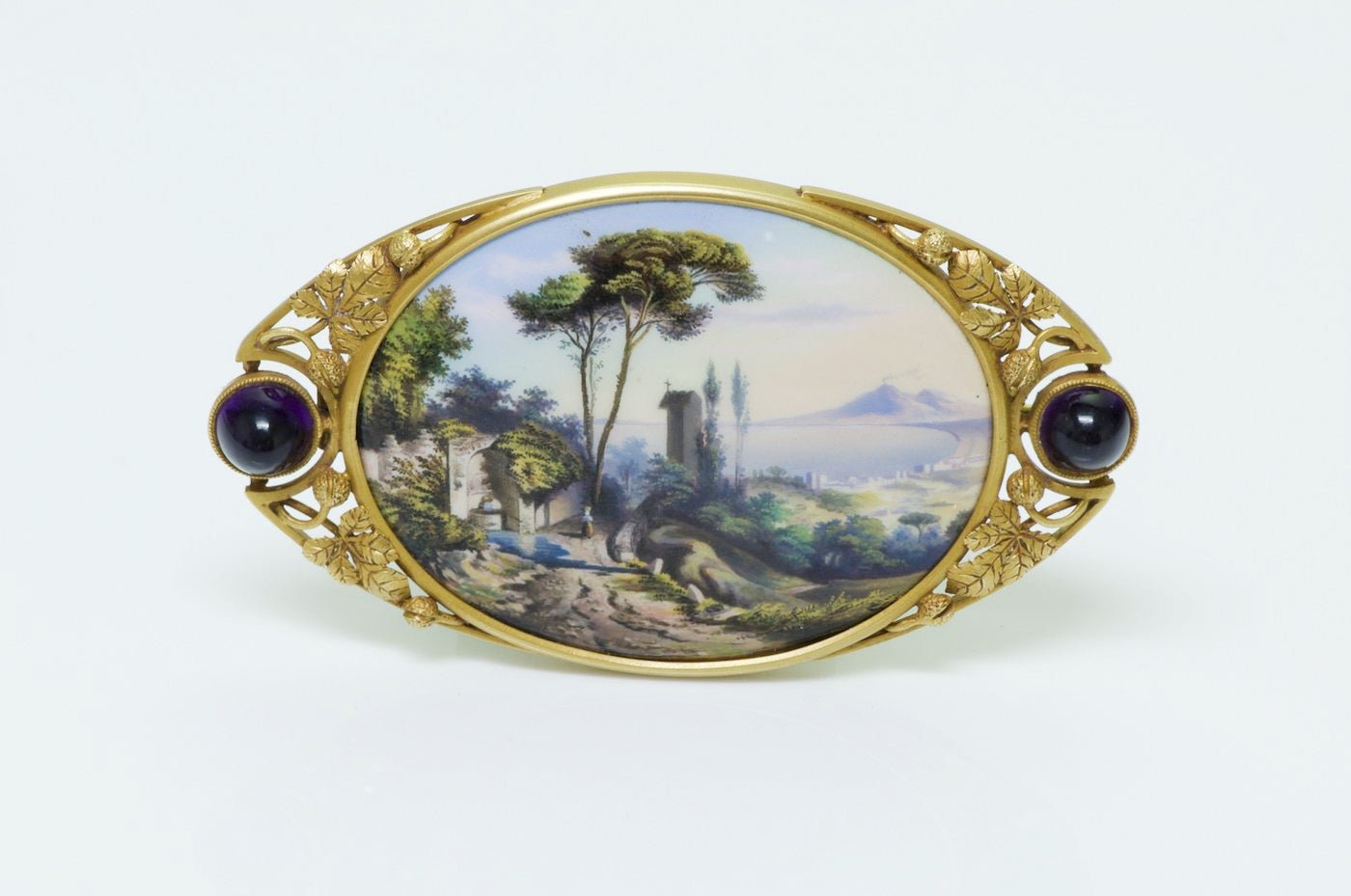 Antique Enamel 18K Gold Amethyst Brooch