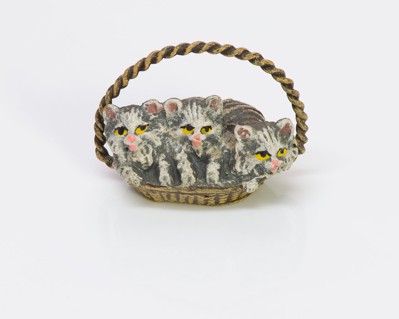 Antique Enamel Bronze Miniature Basket Cat Kittens