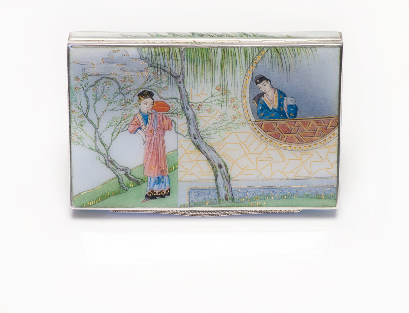 Antique Enamel Scene Silver Case Box Austrian