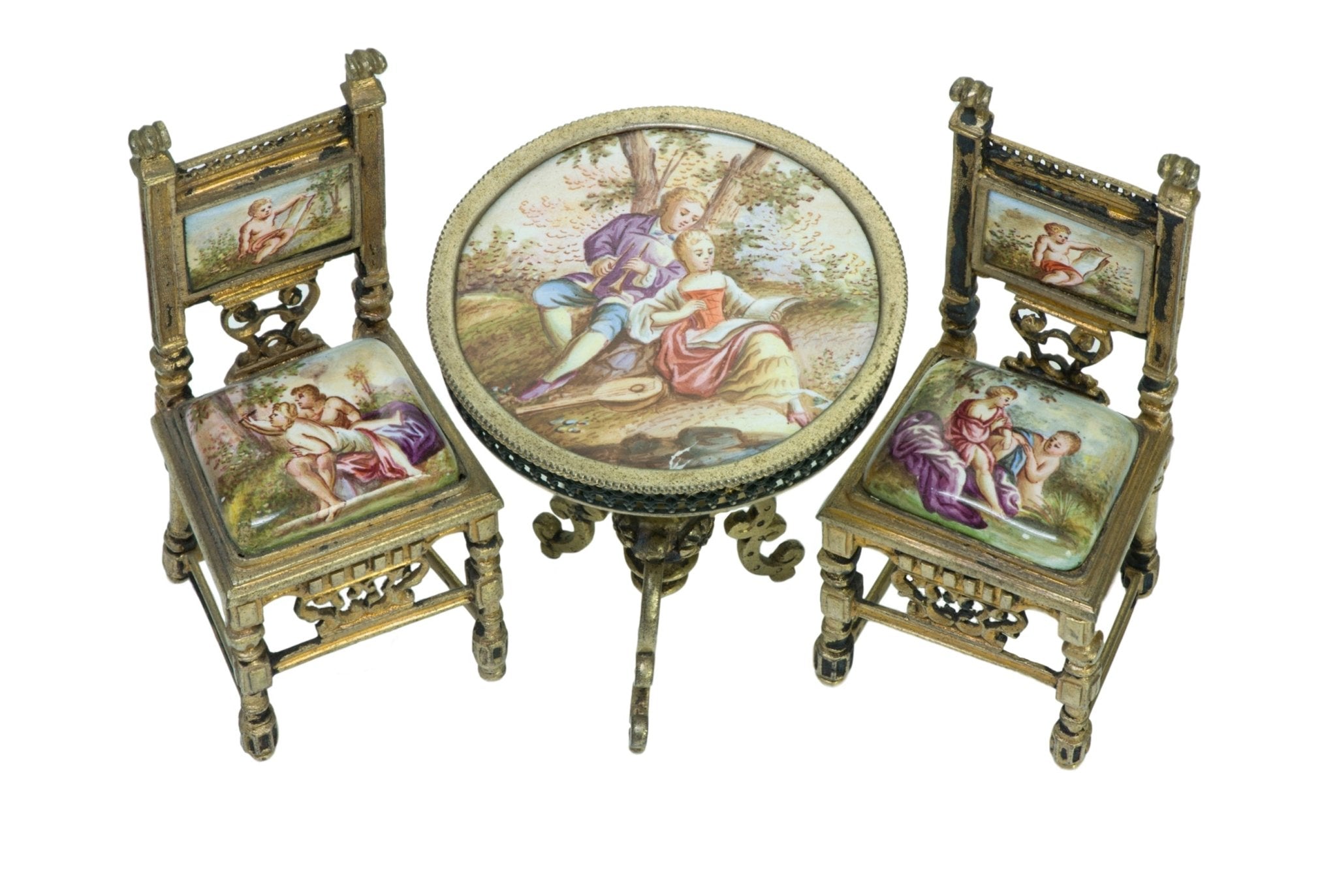 Antique Enamel Viennese Miniature Chairs & Table