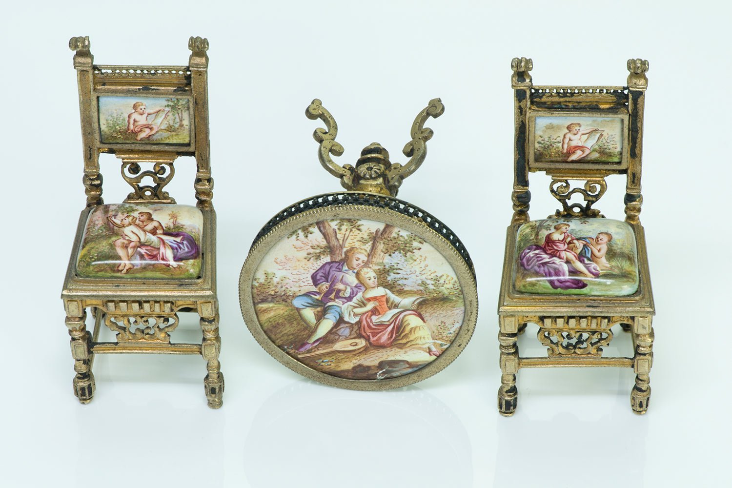 Antique Enamel Viennese Miniature Chairs & Table