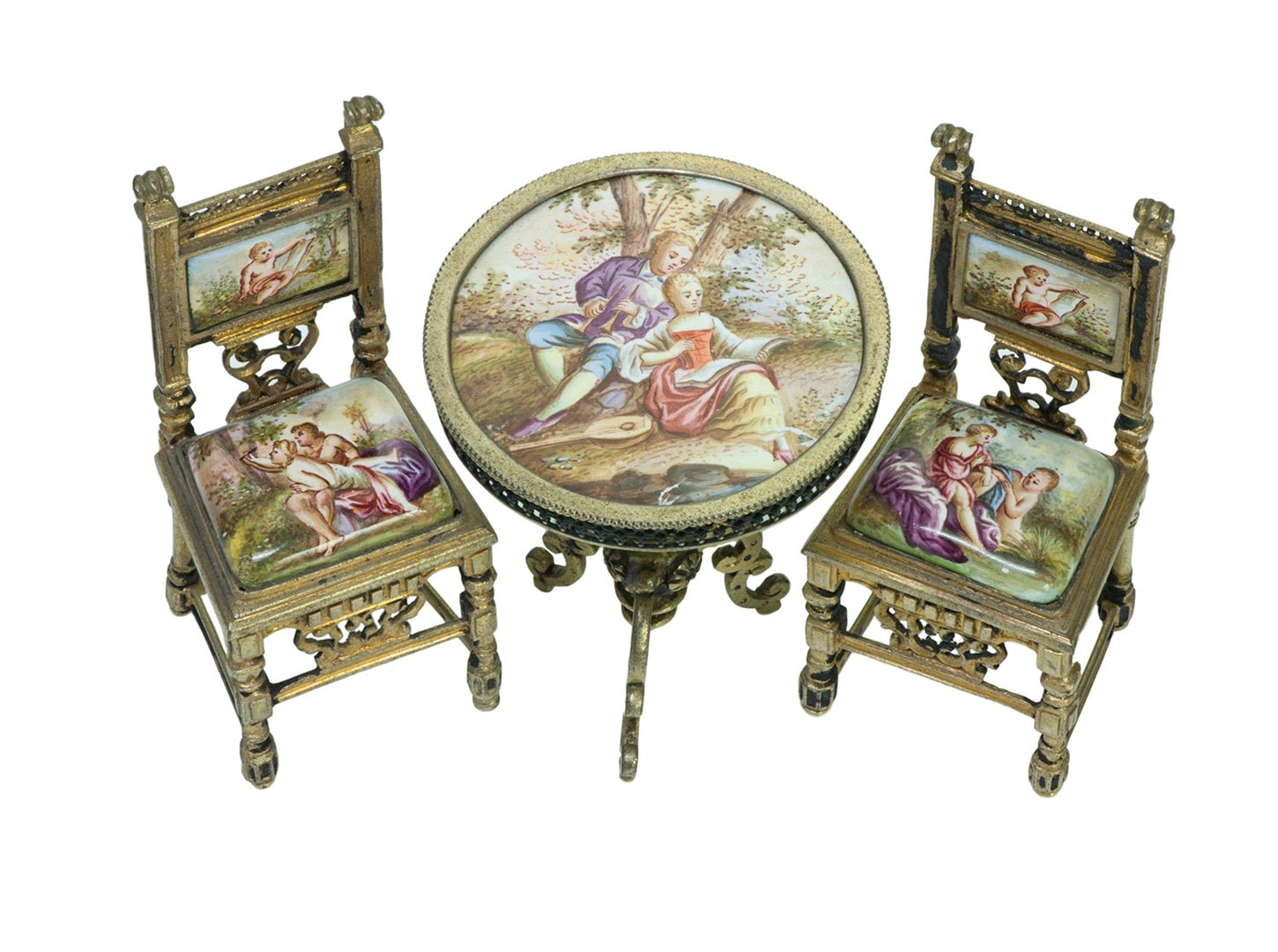 Antique Enamel Viennese Miniature Chairs & Table