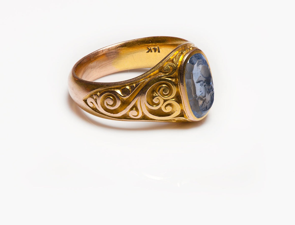 Antique Engraved Gold Ceylon Sapphire Intaglio Men's Ring