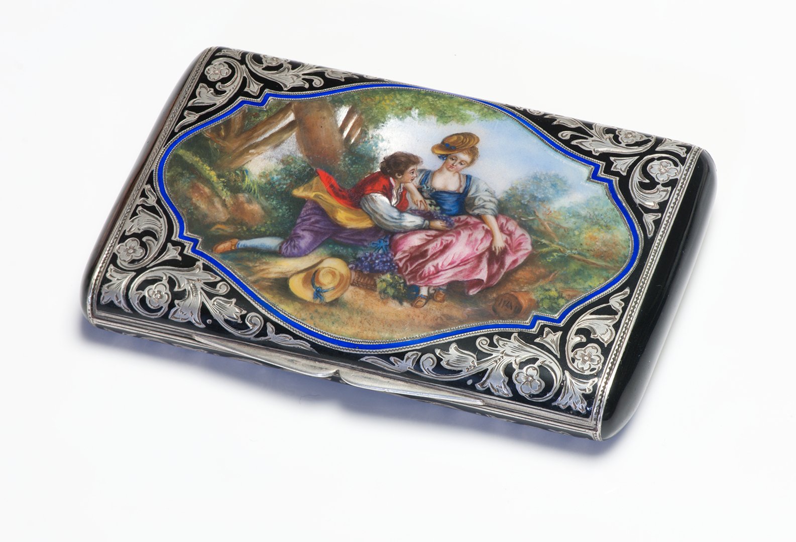 Antique Engraved Silver Romantic Scene Enamel Case