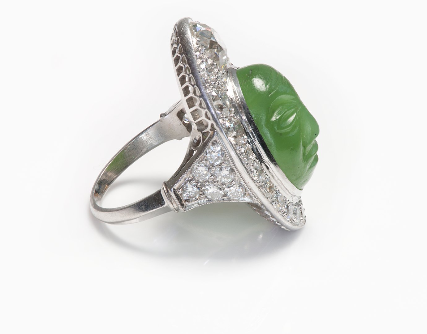 Antique Ethnic Face Jade Diamond Platinum Ring