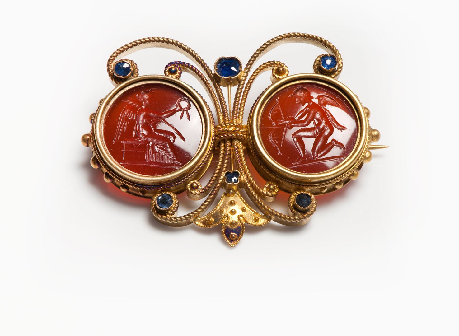 Antique Etruscan Revival Gold Carnelian Intaglio Sapphire Brooch