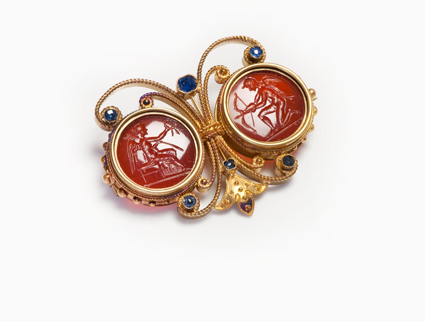 Antique Etruscan Revival Gold Carnelian Intaglio Sapphire Brooch