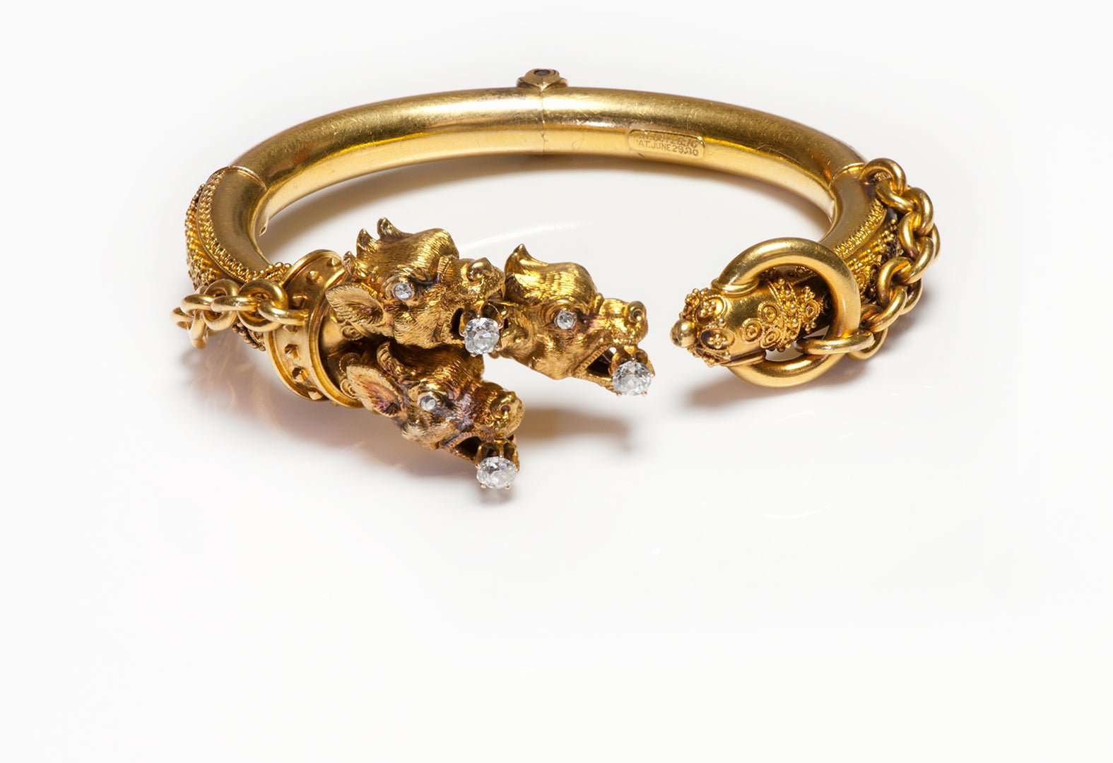 Antique Etruscan Revival Gold Diamond Cerberus Cuff Bracelet