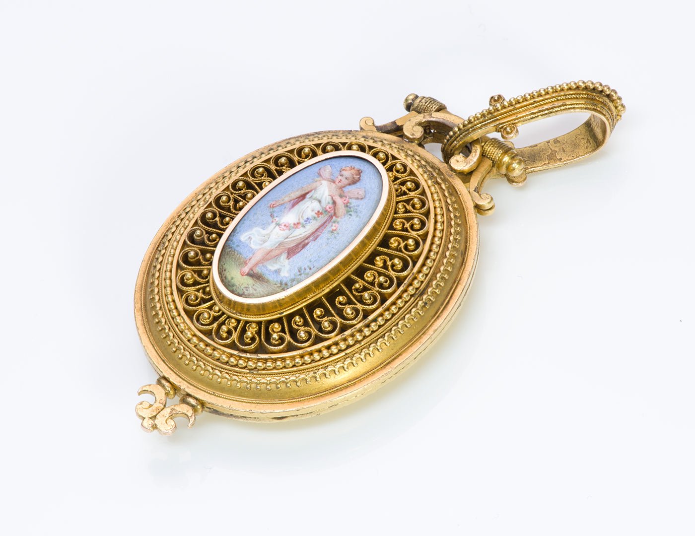 Antique Etruscan Revival Gold Enamel Locket Pendant Attrib. to Eugène Fontenay