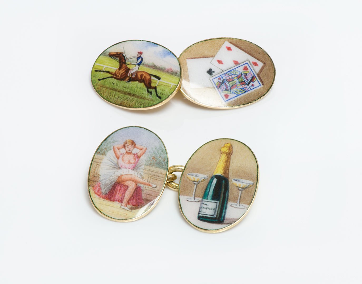 Antique Four Vices 18K Gold Enamel Cufflinks WJH