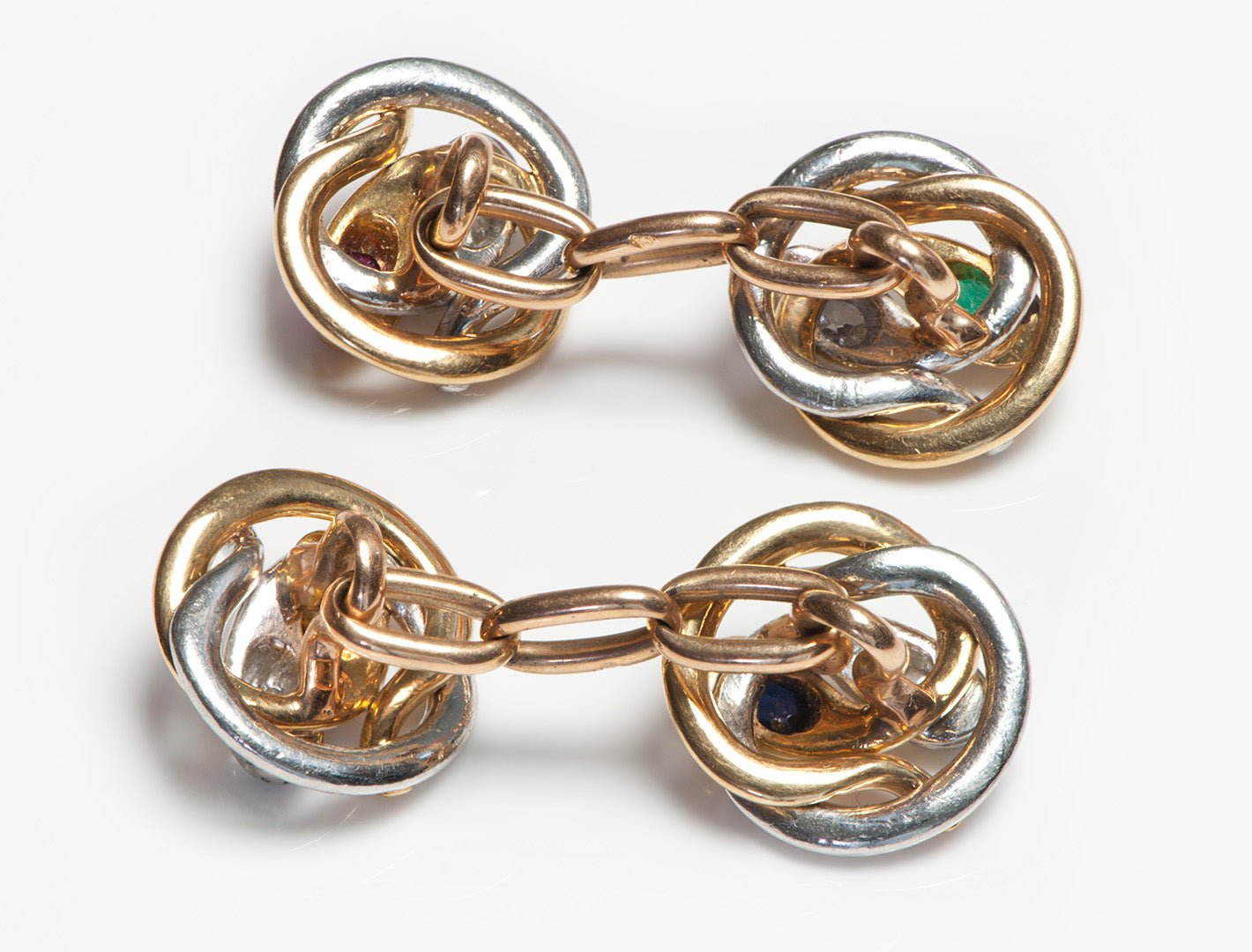 Antique French 18K Gold Diamond Emerald Ruby Sapphire Snake Cufflinks