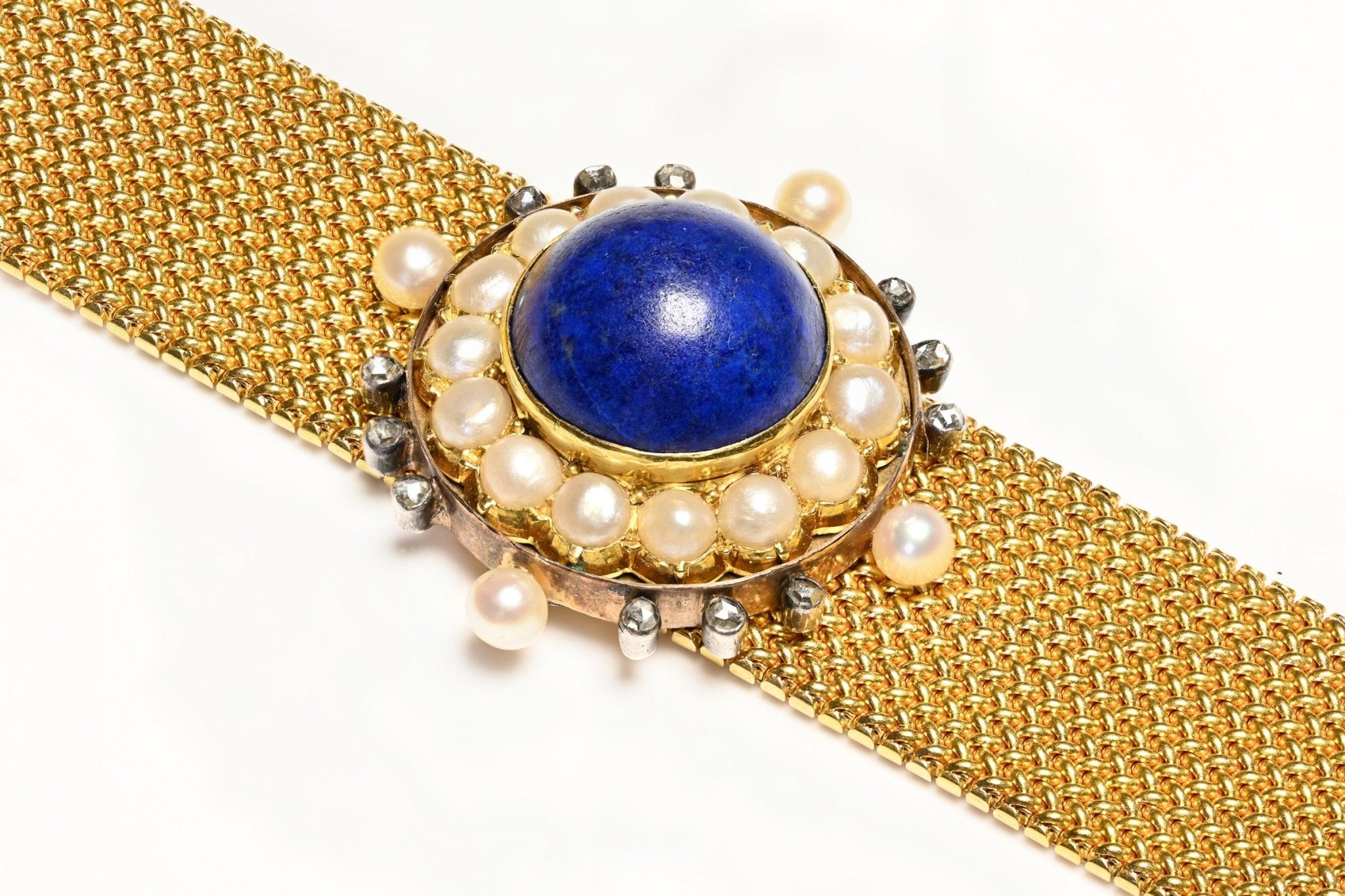 Antique French 18K Gold Lapis Pearl Diamond Mesh Bracelet