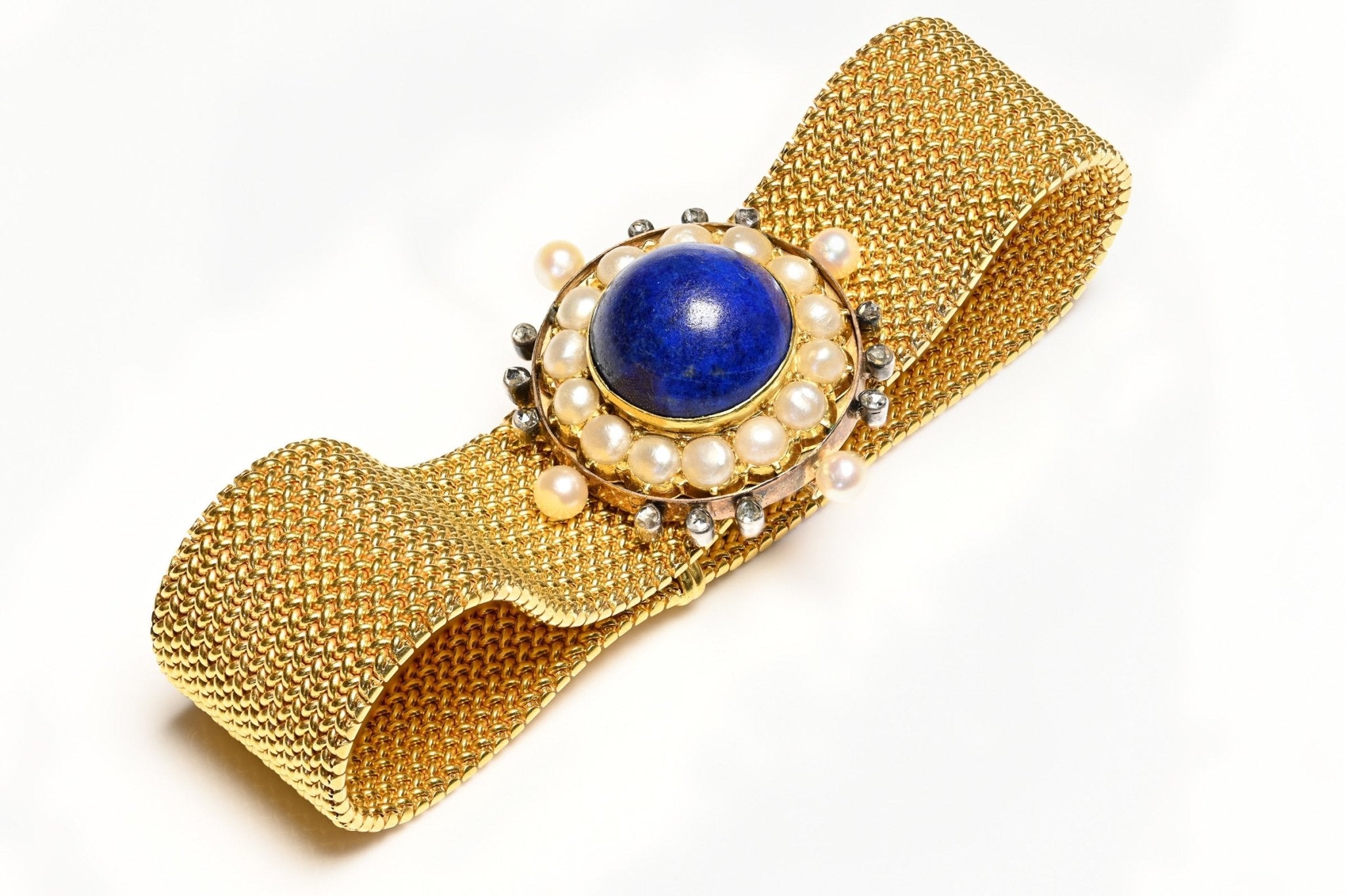 Antique French 18K Gold Lapis Pearl Diamond Mesh Bracelet - DSF Antique Jewelry