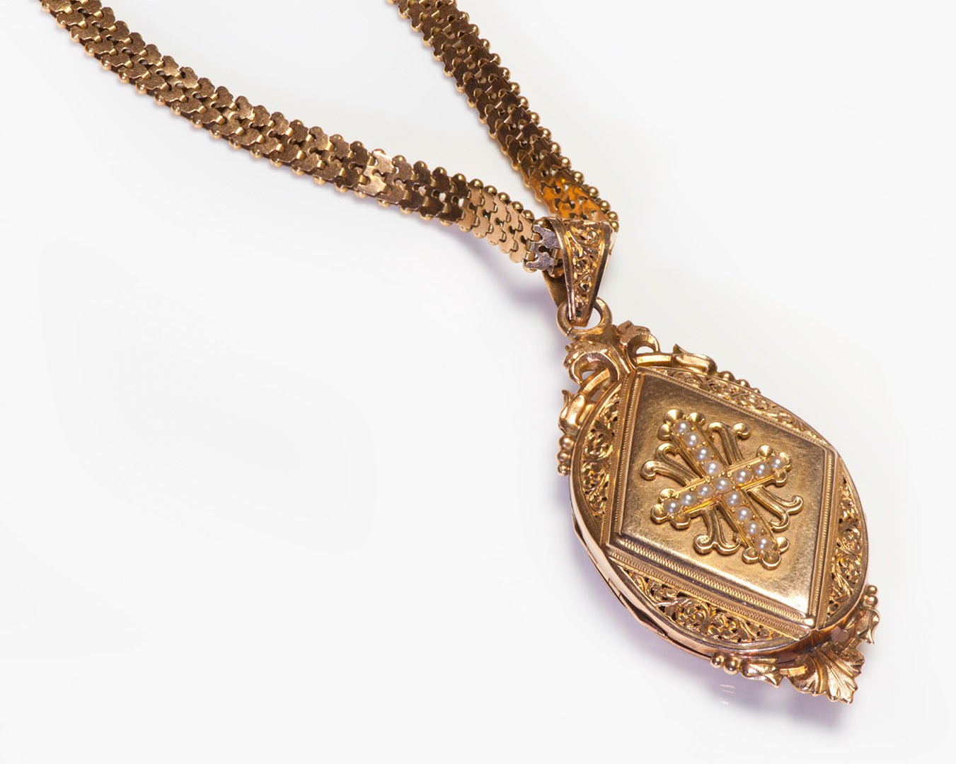 Antique French 18K Gold Locket Pearl Necklace