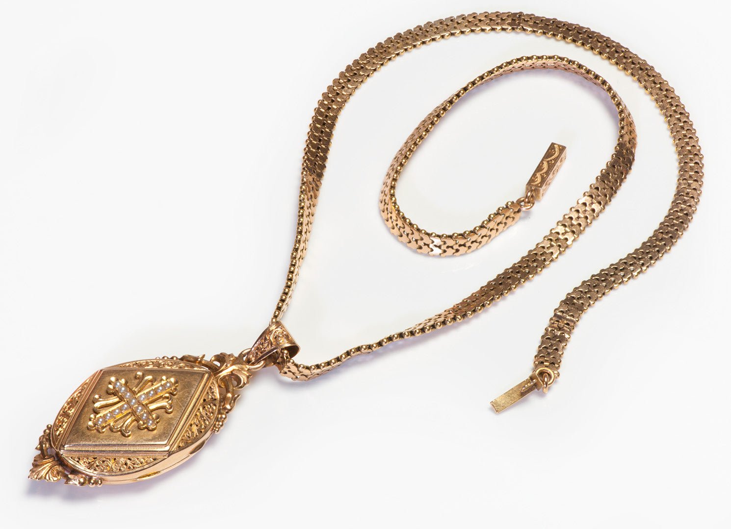 Antique French 18K Gold Locket Pearl Necklace